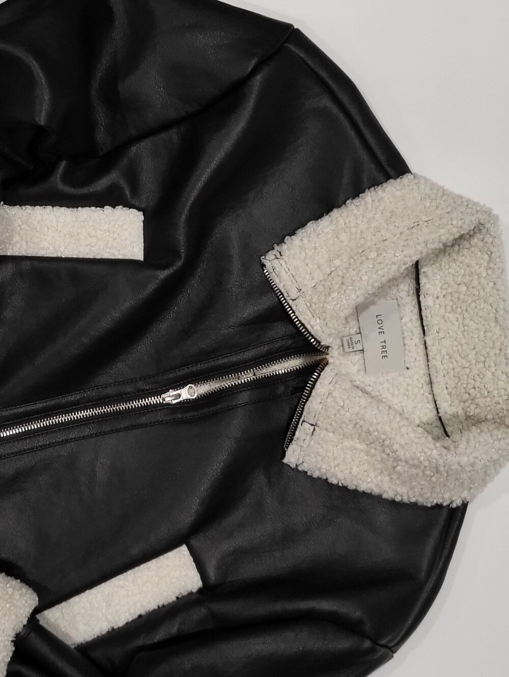Love Tree Black Faux Leather Jacket with Cream Sherpa Trim